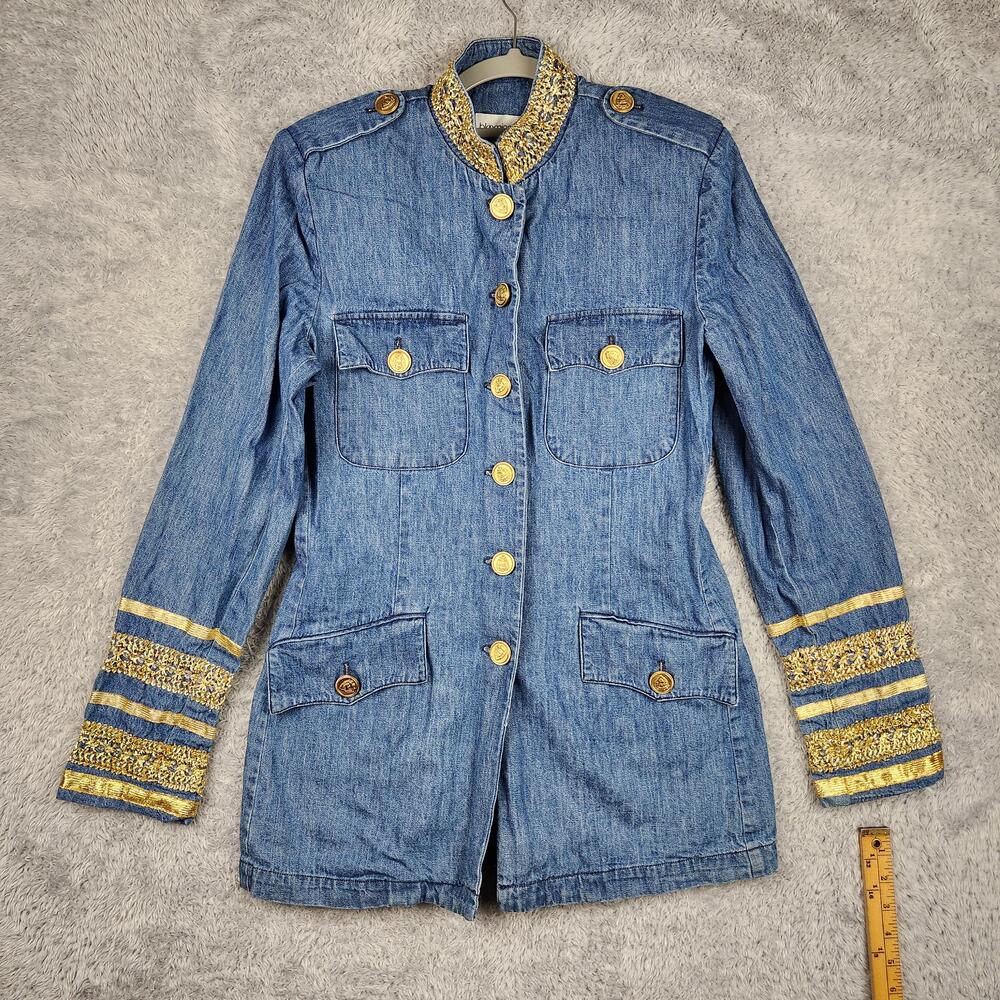 Vintage Bloomingdales Military Jacket Womens 8 Denim Gold Trim Embellished USA